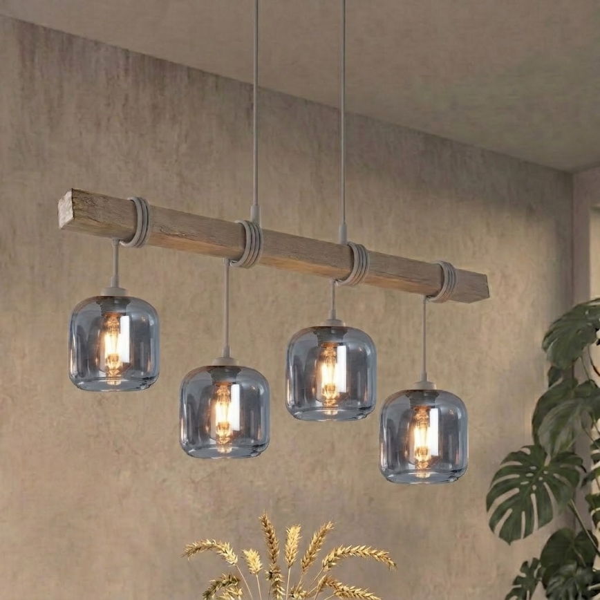 BRILAGI - Taklampa på kabel WOOD GLASS 4xE27/60W/230V furu/grå/rökgrå