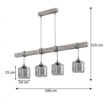 BRILAGI - Taklampa på kabel WOOD GLASS 4xE27/60W/230V furu/grå/rökgrå