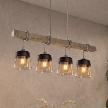BRILAGI - Pendellampa med vajer WOOD GLASS 4xE27/60W/230V furu/grå/rökbrun
