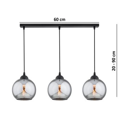 Brilagi - Pendellampa på sladd 3xE27/60W/230V svart/rökgrå