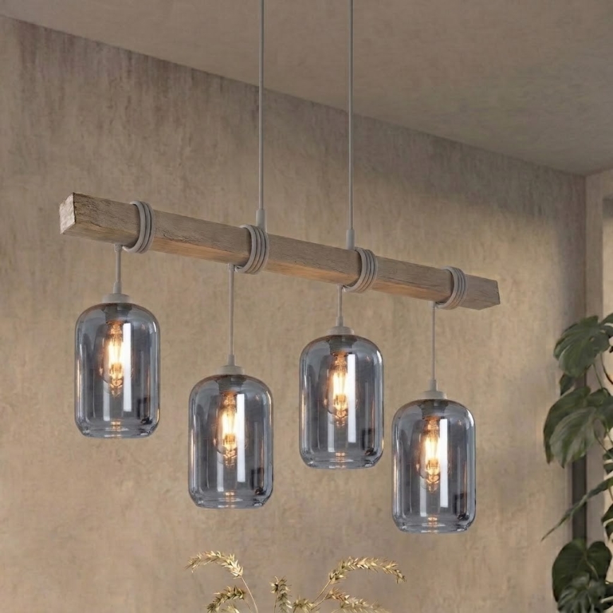 BRILAGI - Ljuskrona på sladd WOOD GLASS 4xE27/60W/230V furu/grå/rökgrå