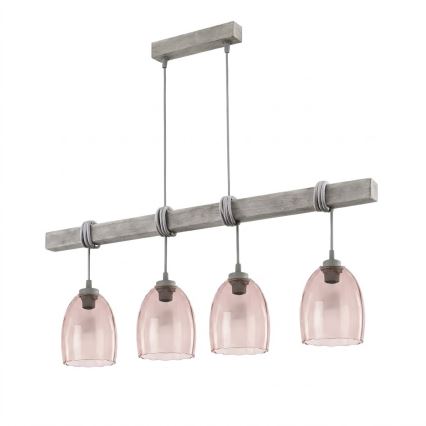 BRILAGI - Pendellampa med kabel WOOD GLASS 4xE27/60W/230V furu/grå/rökig beige