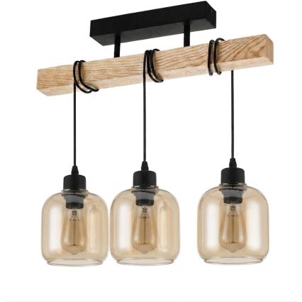 BRILAGI - Ytmonterad taklampa WOOD GLASS 3xE27/60W/230V furu/svart/rökbrun