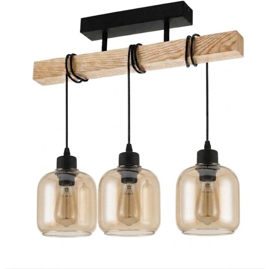 BRILAGI - Ytmonterad taklampa WOOD GLASS 3xE27/60W/230V furu/svart/rökbrun
