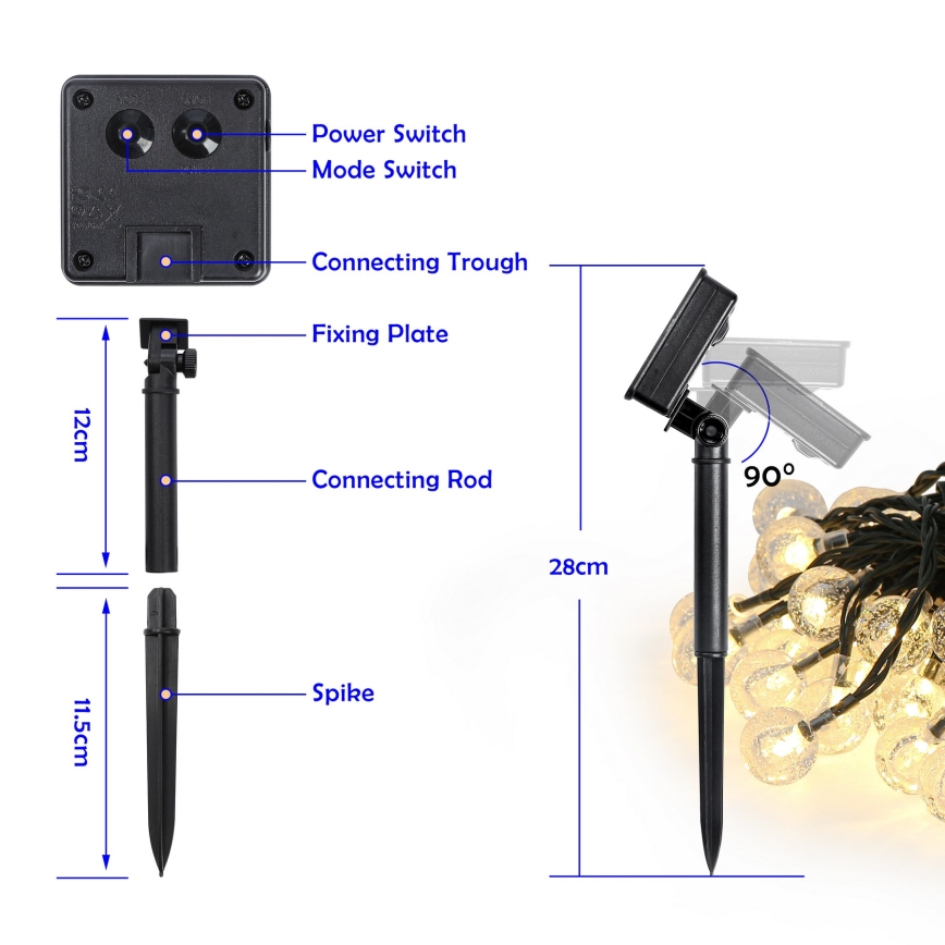 Brilagi - Soldriven dekorationsljusslinga BUBBLE 100 LED / 8 funktioner, 10 m, IP65, varmvit, 600 mAh