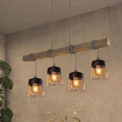 BRILAGI - Pendellampa med vajer WOOD GLASS 4xE27/60W/230V furu/grå/rökbrun