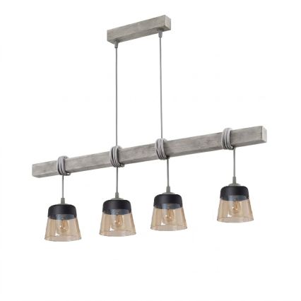 BRILAGI - Pendellampa med vajer WOOD GLASS 4xE27/60W/230V furu/grå/rökbrun