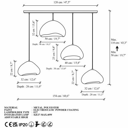 Brilagi - Taklampa med vajer WABI SABI 4xE27/40W/230V vit