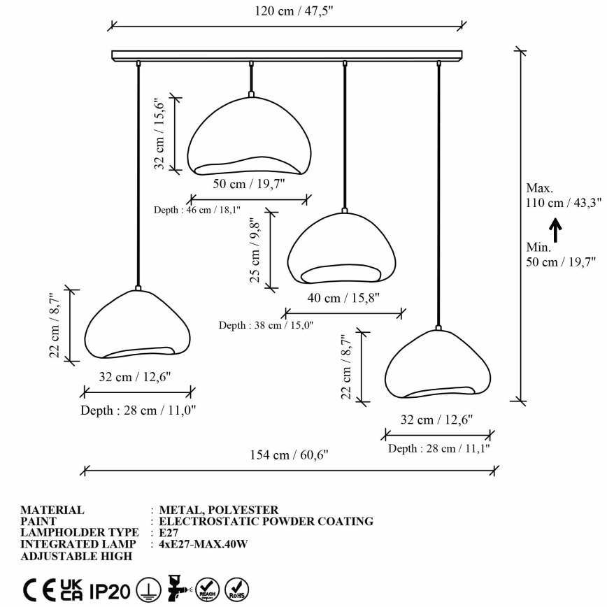 Brilagi - Taklampa med vajer WABI SABI 4xE27/40W/230V vit