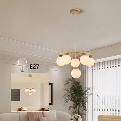 Brilagi - Taklampa på vajer VISBY WOOD 6xE27/60W/230V Ø 58 cm, trä