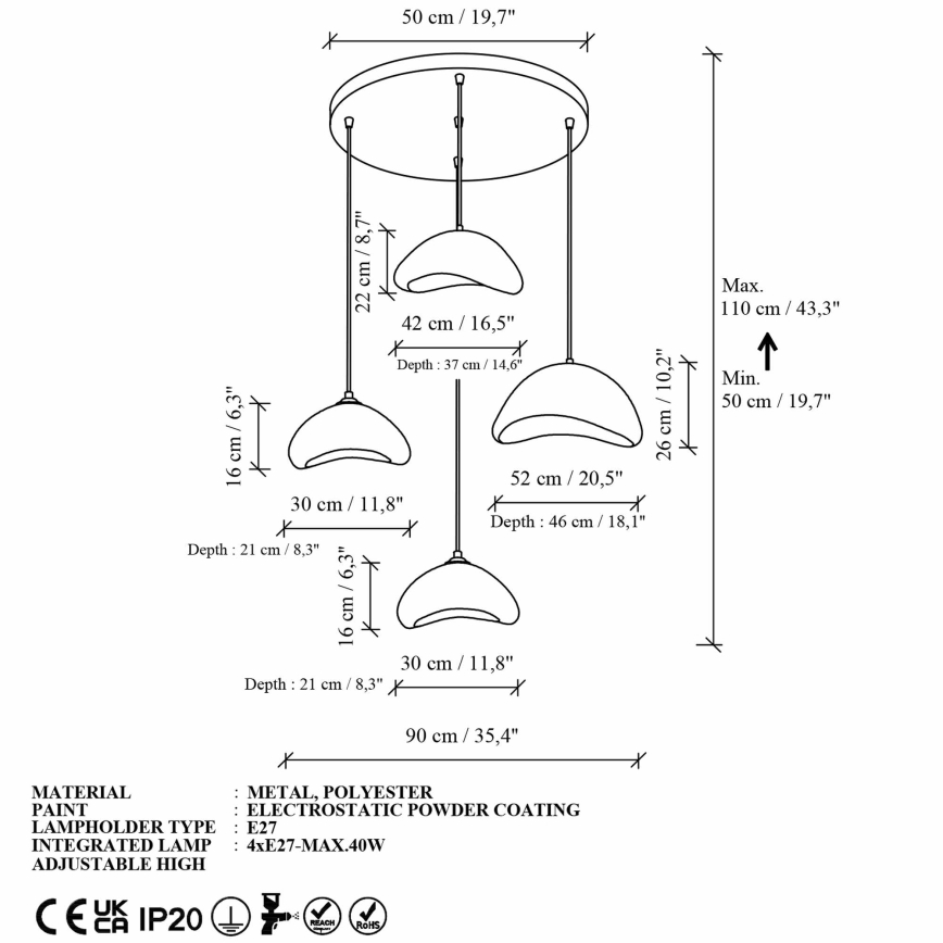 Brilagi - Taklampa på vajer WABI SABI 4xE27/40W/230V Ø 90 cm vit