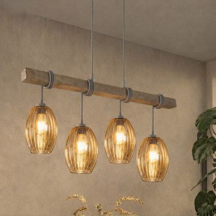 BRILAGI - Takpendel WOOD GLASS på sladd 4xE27/60W/230V furu/grå/rökbrun