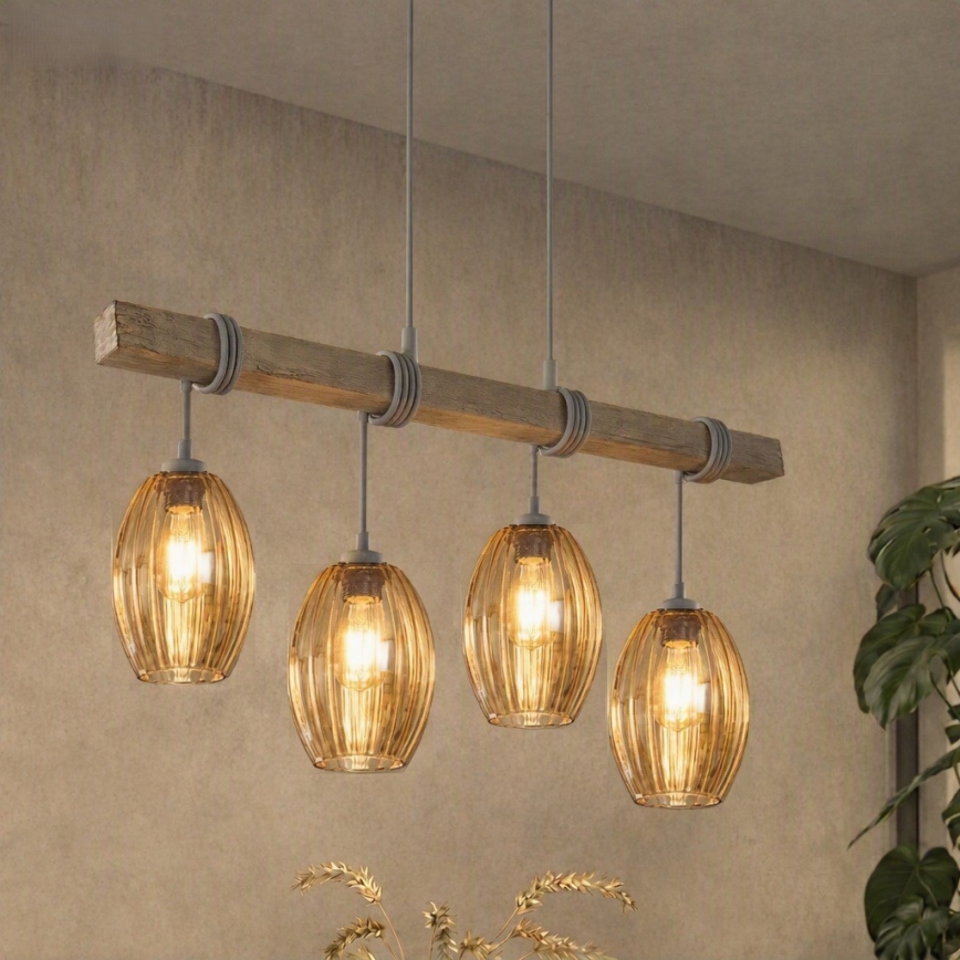 BRILAGI - Takpendel WOOD GLASS på sladd 4xE27/60W/230V furu/grå/rökbrun
