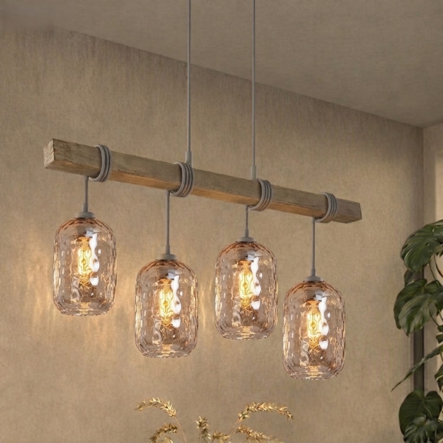 BRILAGI - Pendellampa med vajer WOOD GLASS 4xE27/60W/230V furu/grå/rökbrun