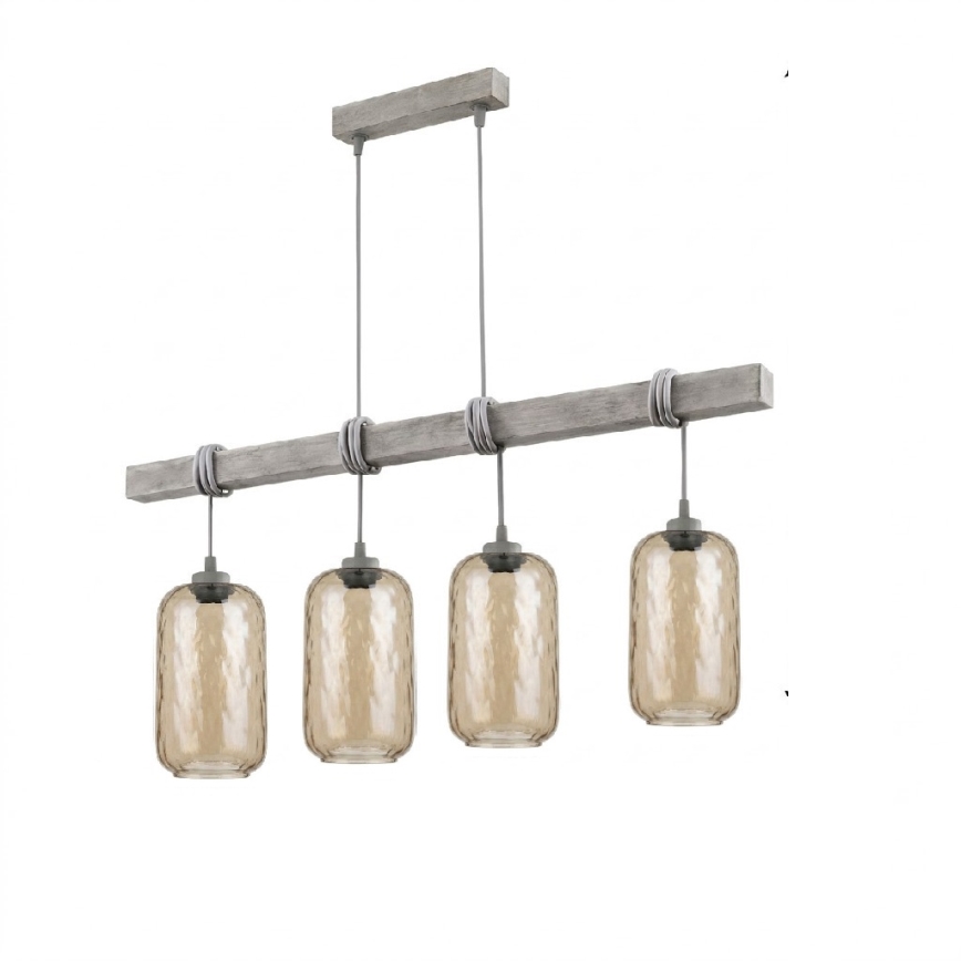 BRILAGI - Pendellampa med vajer WOOD GLASS 4xE27/60W/230V furu/grå/rökbrun