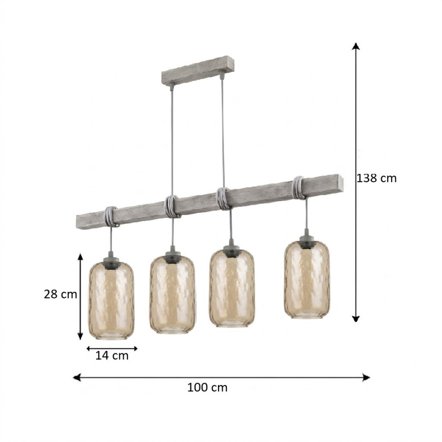 BRILAGI - Pendellampa med vajer WOOD GLASS 4xE27/60W/230V furu/grå/rökbrun