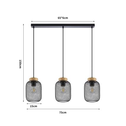 Brilagi - Takpendel på vajer BASKLITE 3xE27/15W/230V trä/svart
