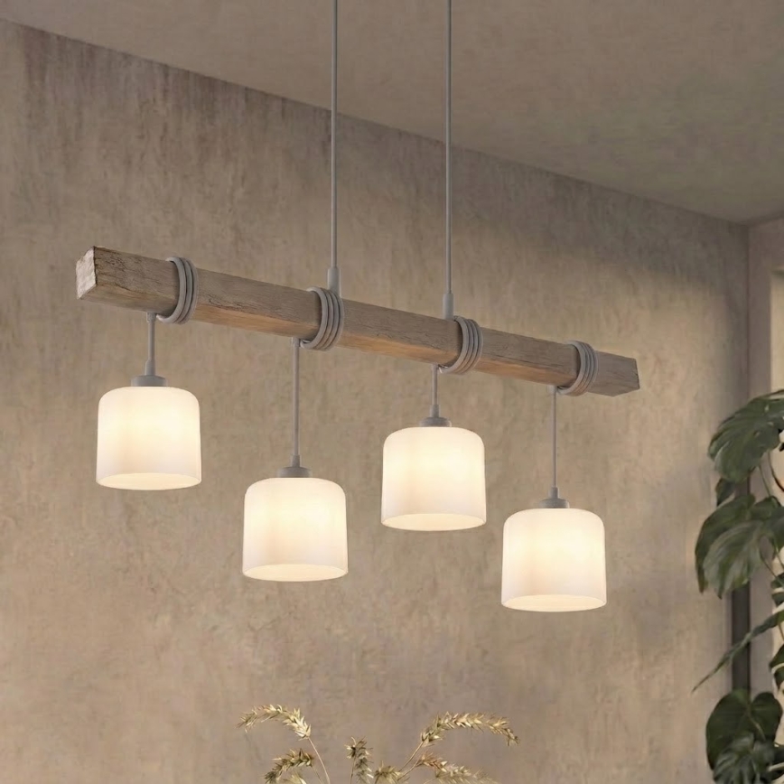 BRILAGI - Takpendel på vajer WOOD GLASS 4xE27/60W/230V furu/grå/vit