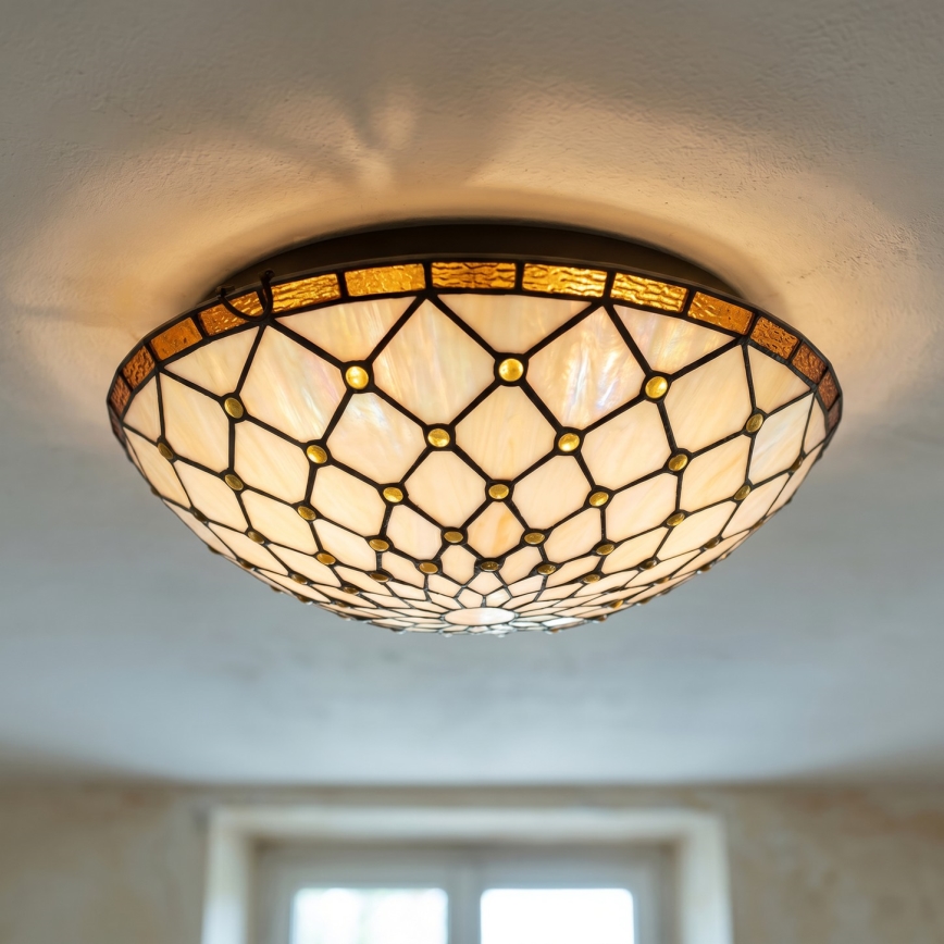 Brilagi - Tiffany-stil taklampa i glasmosaik, elfenben, 2xE27/60W/230V Ø 40 cm
