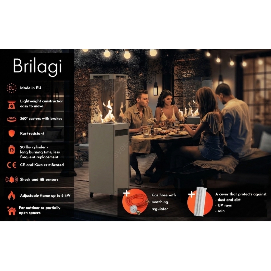 Brilagi - Utomhus gasolkamin FLARO GAS 142x36 cm, 8 kW, 1xAAA, beige + skyddsöverdrag