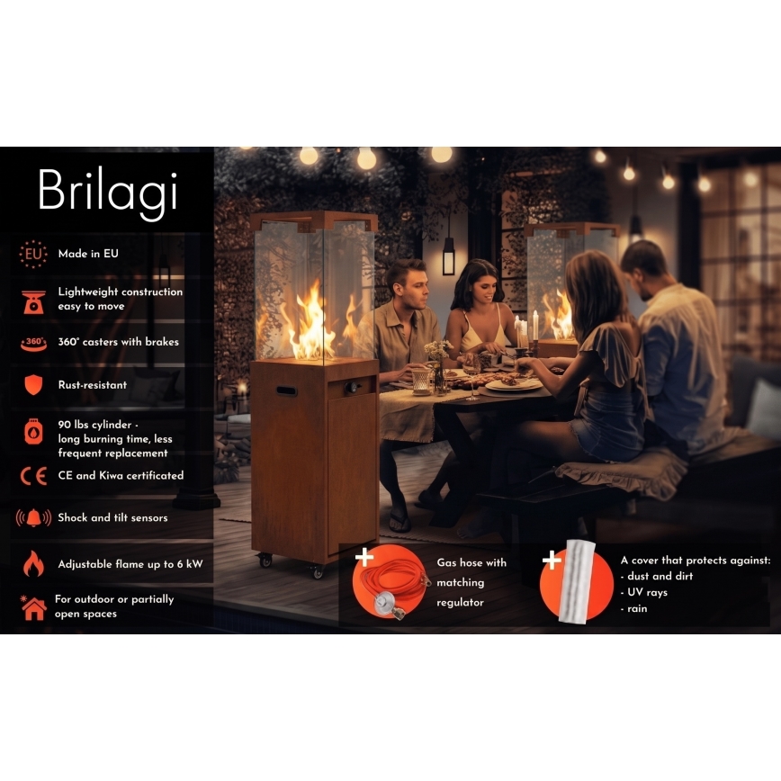 BRILAGI - Utomhus gaskamin FLARO GAS 142x36 cm 8kW 1xAAA rostbrun/brun + skyddsöverdrag