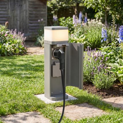 BRILAGI - Utomhuslampa med 2 SCHUKO-uttag PILLAR 1xG9/11W/230V IP44 grå