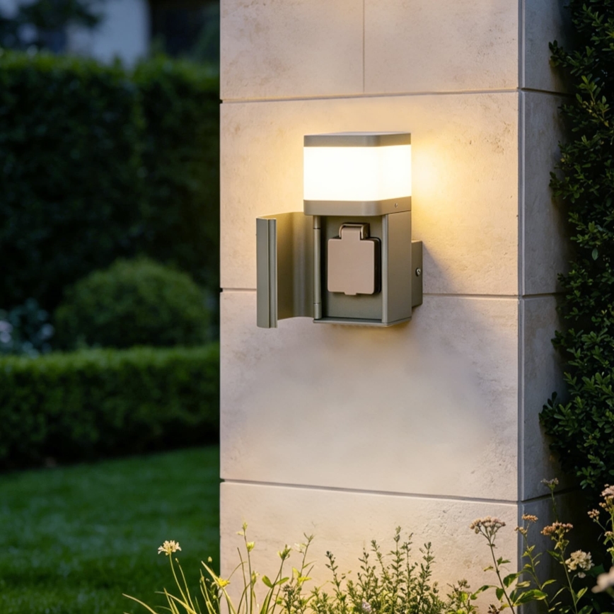 BRILAGI - Utomhusvägglampa med SCHUKO-uttag PILLAR 1xG9/11W/230V IP44 grå