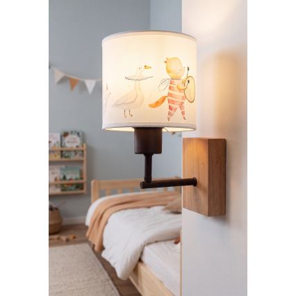 BRILAGI - Barnvägglampa BOBO WOOD 1xE27/25W/230V ek/svart/vit/djurmotiv