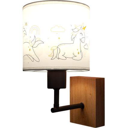 BRILAGI - Vägglampa för barn BOBO WOOD 1xE27/25W/230V ek/svart/vit/enhörningar