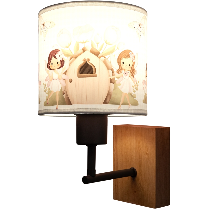 BRILAGI - Barnvägglampa BOBO WOOD 1xE27/25W/230V ek/svart/vit/rosa/älvor