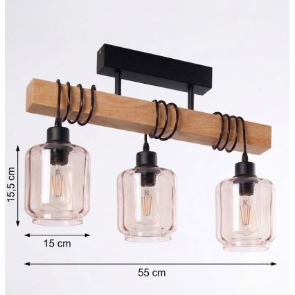 BRILAGI - Ytmonterad taklampa WOOD GLASS 3xE27/60W/230V furu/svart/rökbeige