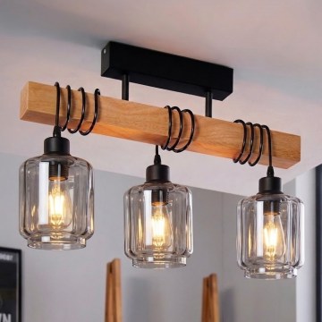 BRILAGI - Ytmonterad taklampa WOOD GLASS 3xE27/60W/230V furu/svart/rökbeige