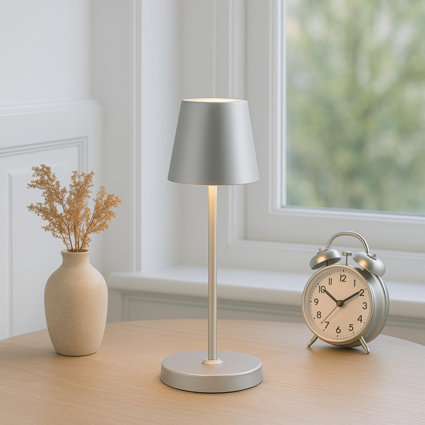 Dimbar uppladdningsbar beröringsstyrd utomhusbordslampa ELORA LED/2,5W/5V 2700K 2600 mAh IP44 silver