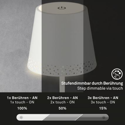 Brilo - KIKI LED bordslampa, dimbar, uppladdningsbar, beröringsstyrd, för utomhusbruk, 2,6W/5V, IP44, 2600 mAh, vit