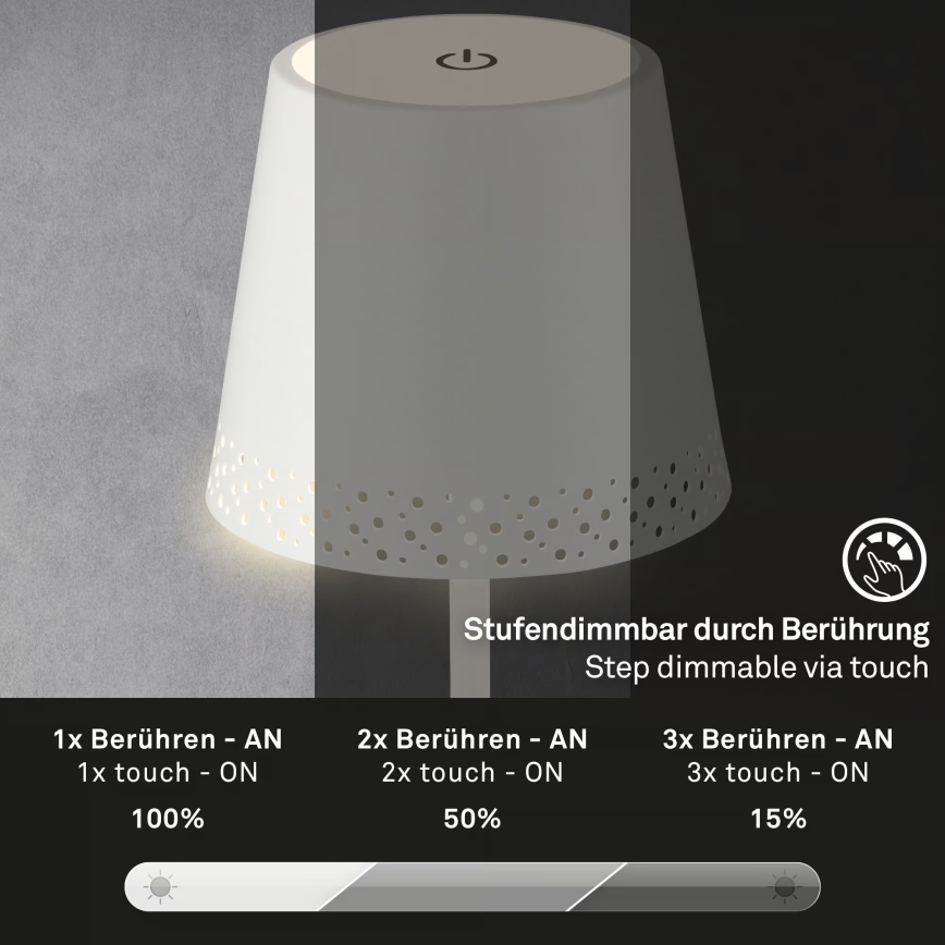 Brilo - KIKI LED bordslampa, dimbar, uppladdningsbar, beröringsstyrd, för utomhusbruk, 2,6W/5V, IP44, 2600 mAh, vit