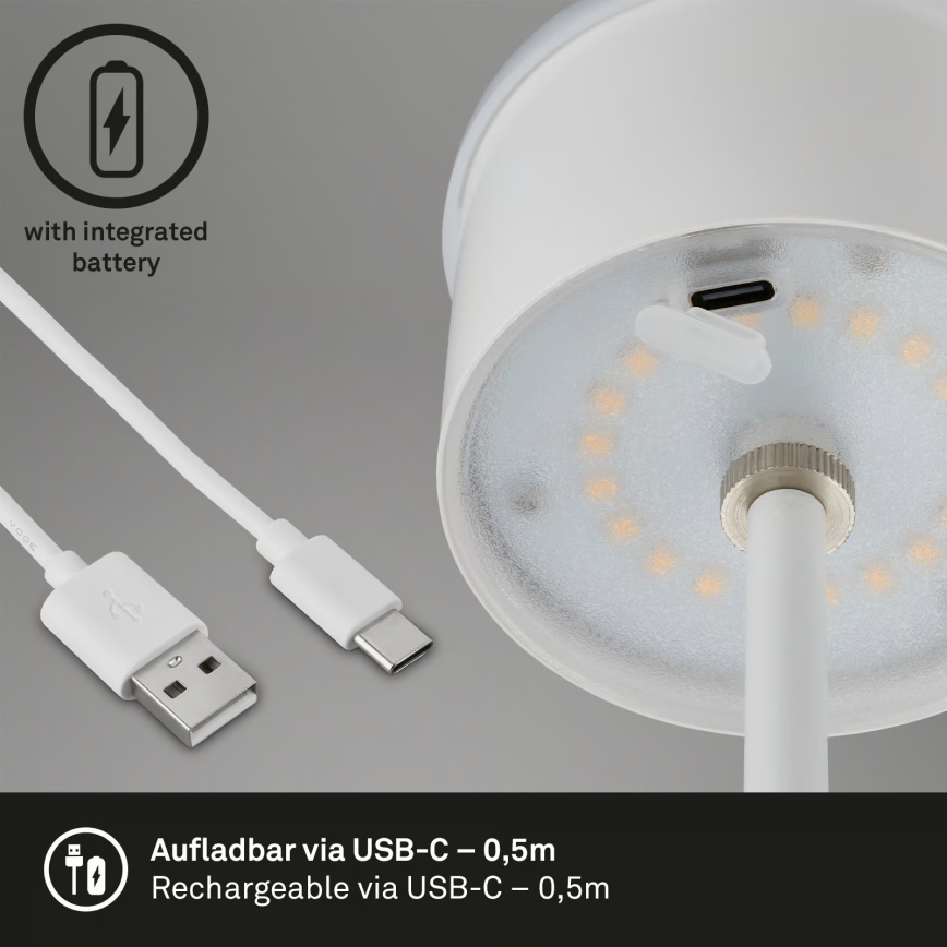 Brilo - KIKI LED bordslampa, dimbar, uppladdningsbar, beröringsstyrd, för utomhusbruk, 2,6W/5V, IP44, 2600 mAh, vit