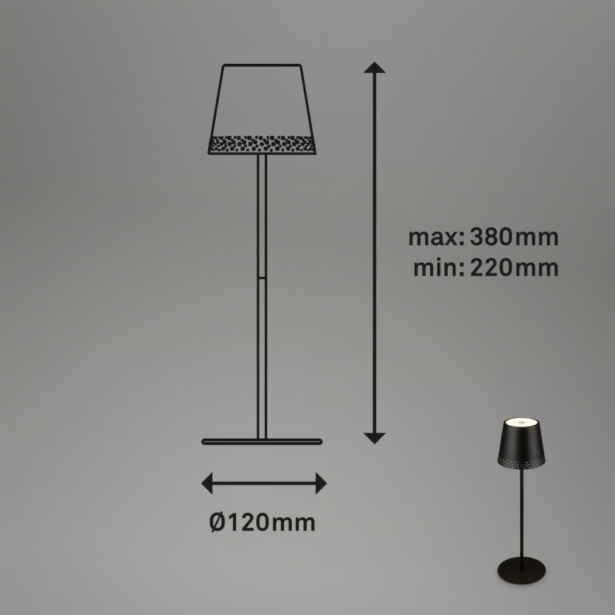 Brilo - dimbar uppladdningsbar beröringsstyrd utomhusbordslampa KIKI LED/2,6W/5V IP44 2600 mAh svart