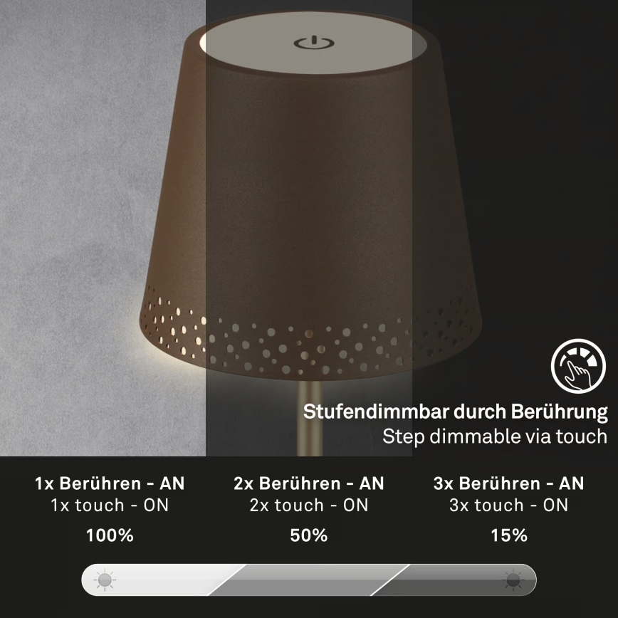 Brilo - LED-dimmbar uppladdningsbar beröringsstyrd utomhusbordslampa KIKI LED/2,6W/5V IP44 2600 mAh brun