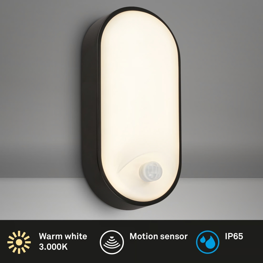 Brilo - LED utomhusvägglampa med rörelse- och skymningssensor RUCH LED/12W/230V IP65 svart