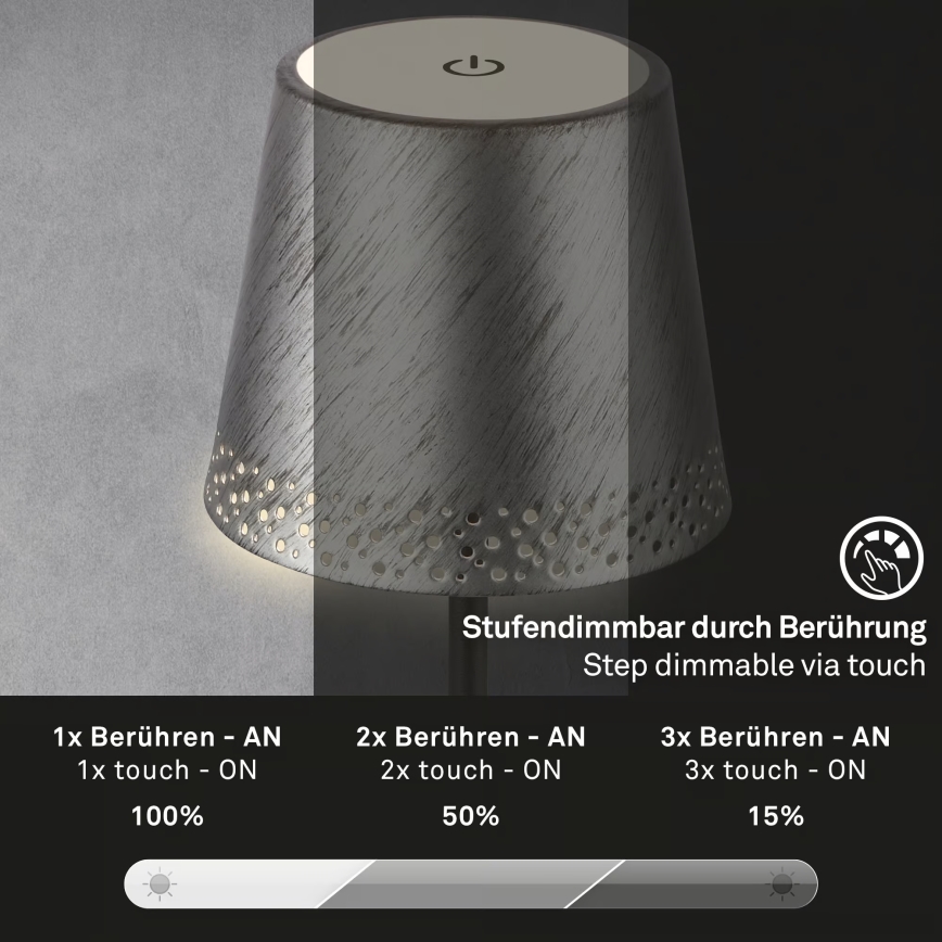 Brilo - Dimmbar uppladdningsbar LED-beröringsstyrd utomhusbordslampa KIKI LED/2,6W/5V IP44 2600 mAh silver