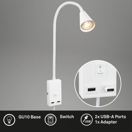 Briloner 2175-016 - Flexibel vägglampa med USB-port 1xGU10/10W/230V vit
