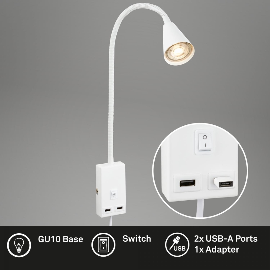 Briloner 2175-016 - Flexibel vägglampa med USB-port 1xGU10/10W/230V vit