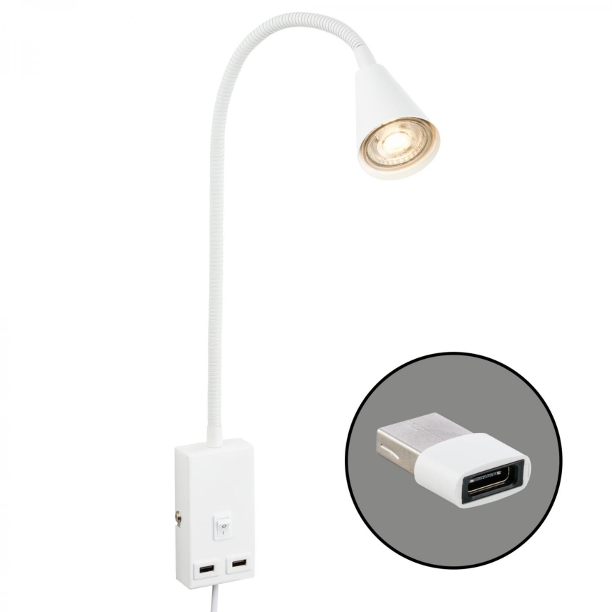 Briloner 2175-016 - Flexibel vägglampa med USB-port 1xGU10/10W/230V vit