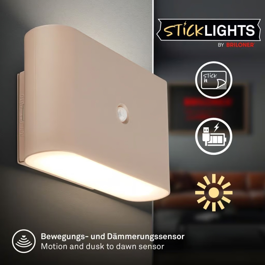 Briloner 3878011 - Uppladdningsbar LED-vägglampa med rörelse- och skymningssensor CHAT LED/3W/5V 2000 mAh beige