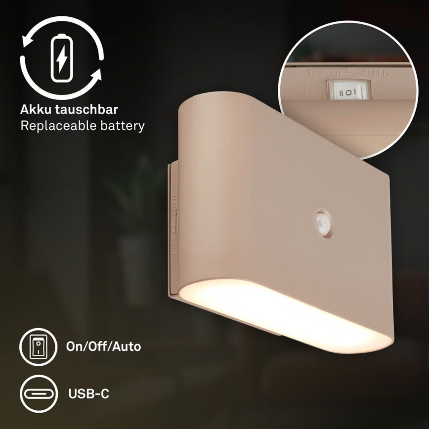 Briloner 3878011 - Uppladdningsbar LED-vägglampa med rörelse- och skymningssensor CHAT LED/3W/5V 2000 mAh beige