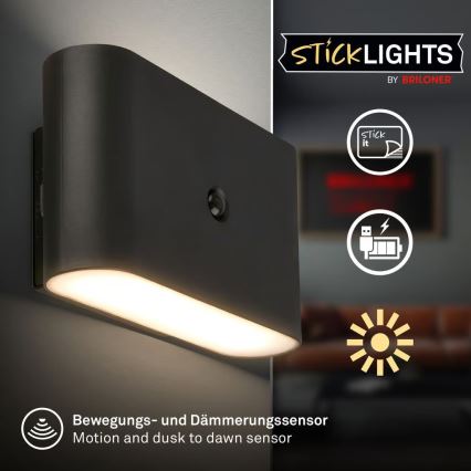 Briloner 3878015 - LED uppladdningsbar vägglampa med rörelse- och skymningssensor CHAT LED/3W/5V 2000 mAh svart