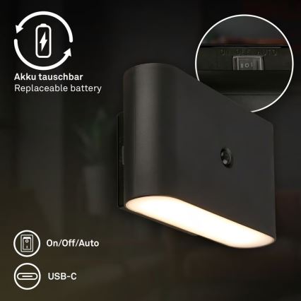 Briloner 3878015 - LED uppladdningsbar vägglampa med rörelse- och skymningssensor CHAT LED/3W/5V 2000 mAh svart