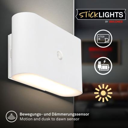 Briloner 3878016 - LED uppladdningsbar vägglampa med rörelse- och skymningssensor CHAT LED/3W/5V 2000 mAh vit