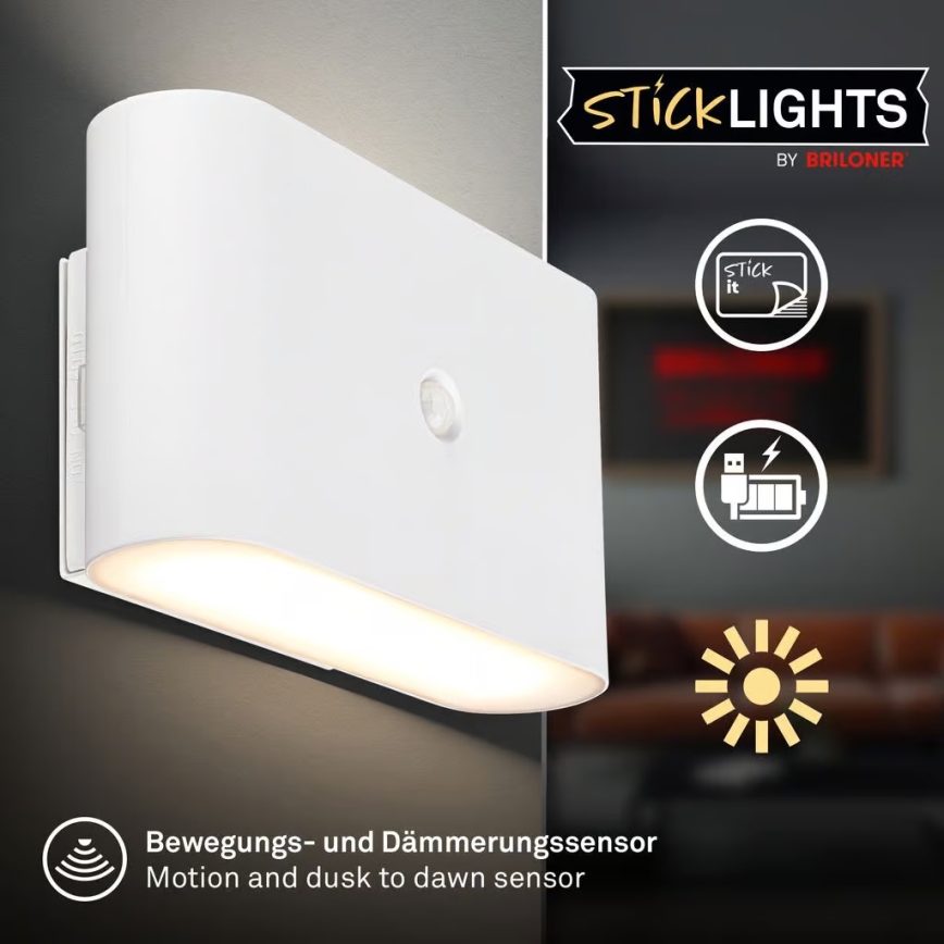 Briloner 3878016 - LED uppladdningsbar vägglampa med rörelse- och skymningssensor CHAT LED/3W/5V 2000 mAh vit