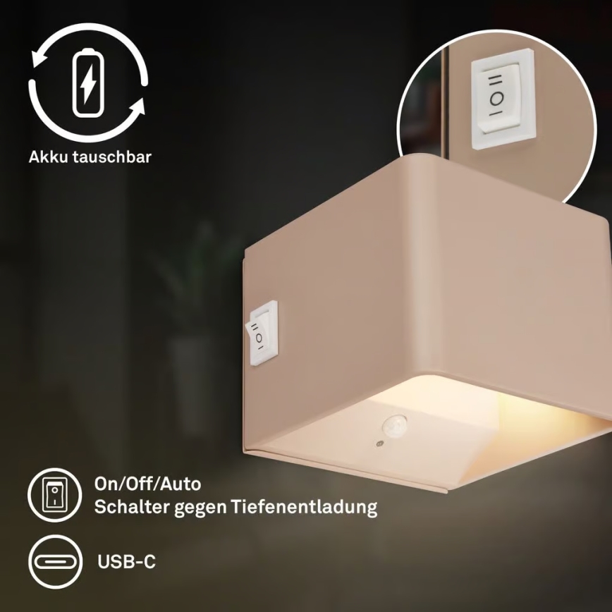 Briloner 3879011 - LED uppladdningsbar vägglampa med rörelse- och skymningssensor BORRA LED/1,5W/5V 3600 mAh beige